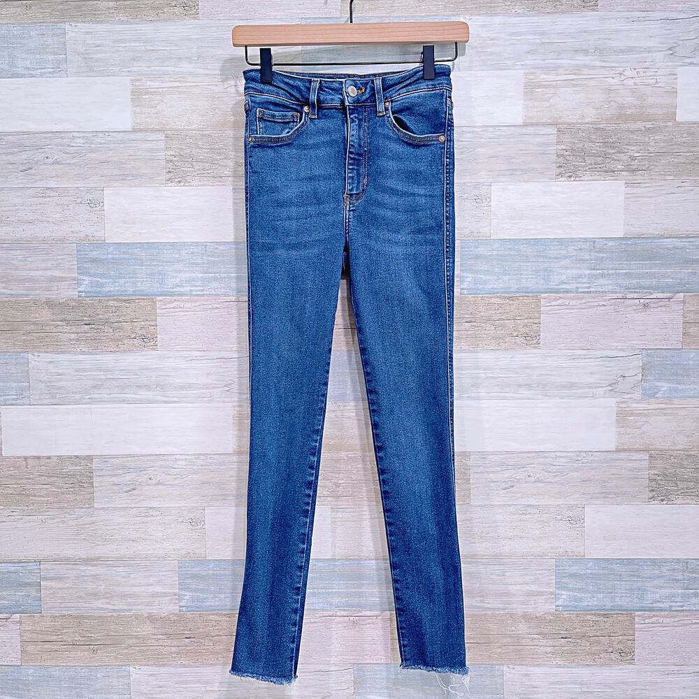 WE THE FREE People Skinny Jeans Blue High Rise Raw Hem Stretchy Womens 24x26